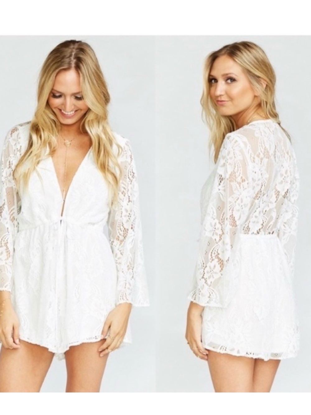 Show Me Your Mumu Roxy Lace Short Romper Long Bell Sleeve Drawstring Cream Sz M